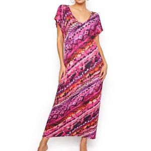 Olivia Matthews Maxi Dress 2X Pink Abstract Boho Stretch Plus Lounge Flowy